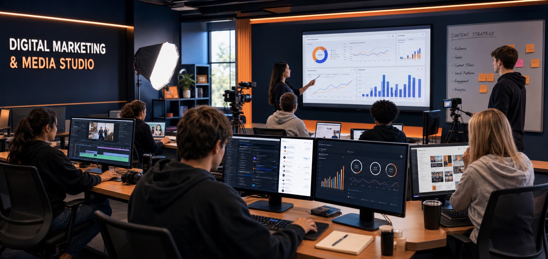 Professional digital media studio with cameras and editing workstations
