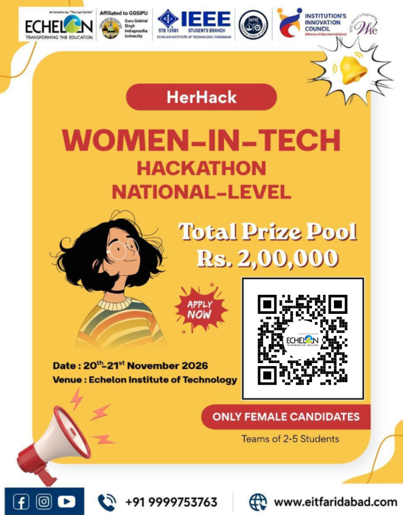 HerHack 2026: The Ultimate Opportunity for Women to Innovate, Build and Lead in Technology Calling all women innovators, aspiring tech leaders, coders and problem-solvers! Here is your chance to turn your ideas into impact. Echelon Institute of Technology, Faridabad, is hosting HerHack 2026 – a National-Level Women-in-Tech Hackathon, an exciting platform exclusively for female participants to showcase their talent, solve real-world challenges and compete for a total prize pool of ₹2,00,000. Scheduled for 20–21 November 2026, HerHack 2026 is an opportunity for women to step beyond the conventional boundaries of technology, demonstrate their problem-solving abilities and bring innovative ideas to life. Whether you are passionate about coding, artificial intelligence, software development or emerging technologies, this hackathon offers a platform to experiment, collaborate and create solutions that can make a difference. An Opportunity for Women to Make Their Mark in Technology At a time when women are increasingly shaping the future of science, technology and innovation, HerHack 2026 aims to encourage female students to step forward, think boldly and transform their ideas into meaningful solutions. The hackathon celebrates women’s potential to innovate, lead and contribute to the rapidly evolving technology landscape. This is the perfect opportunity for female students to challenge themselves, showcase their technical skills, gain valuable hands-on experience and compete on a national platform. It is more than a competition; it is a chance to build confidence, explore new possibilities, connect with like-minded innovators and take a step towards becoming future-ready technology leaders. ₹2 Lakh Prize Pool Awaits! With a total prize pool of ₹2,00,000, HerHack 2026 invites women to bring their creativity, technical expertise and innovative thinking to the forefront. Participants will have the opportunity to work collaboratively, approach challenges with fresh perspectives and demonstrate how technology can address real-world problems. Female students can participate in teams of 2–5 members, making it an ideal opportunity to collaborate with friends, pool diverse skills and develop ideas together. Event Details * Event: HerHack 2026 – National-Level Women-in-Tech Hackathon * Dates: 20–21 November 2026 * Venue: Echelon Institute of Technology, Near South Delhi * Eligibility: Female candidates only * Team Size: 2–5 students * Total Prize Pool: ₹2,00,000 Register Now and Turn Your Ideas into Impact! If you are a woman with an idea, a passion for technology or the determination to solve a problem, HerHack 2026 is your opportunity to take the next step. Bring your team, unleash your creativity and demonstrate what women can achieve when innovation meets opportunity. Don’t just imagine the future of technology. Be the woman who builds it! Register now by scanning the QR code on the event poster or visiting the official Echelon Institute of Technology website: www.eitfaridabad.com. For further information, contact +91 9999753763. HerHack 2026 : Empowering Women. Inspiring Innovation. Building the Future.